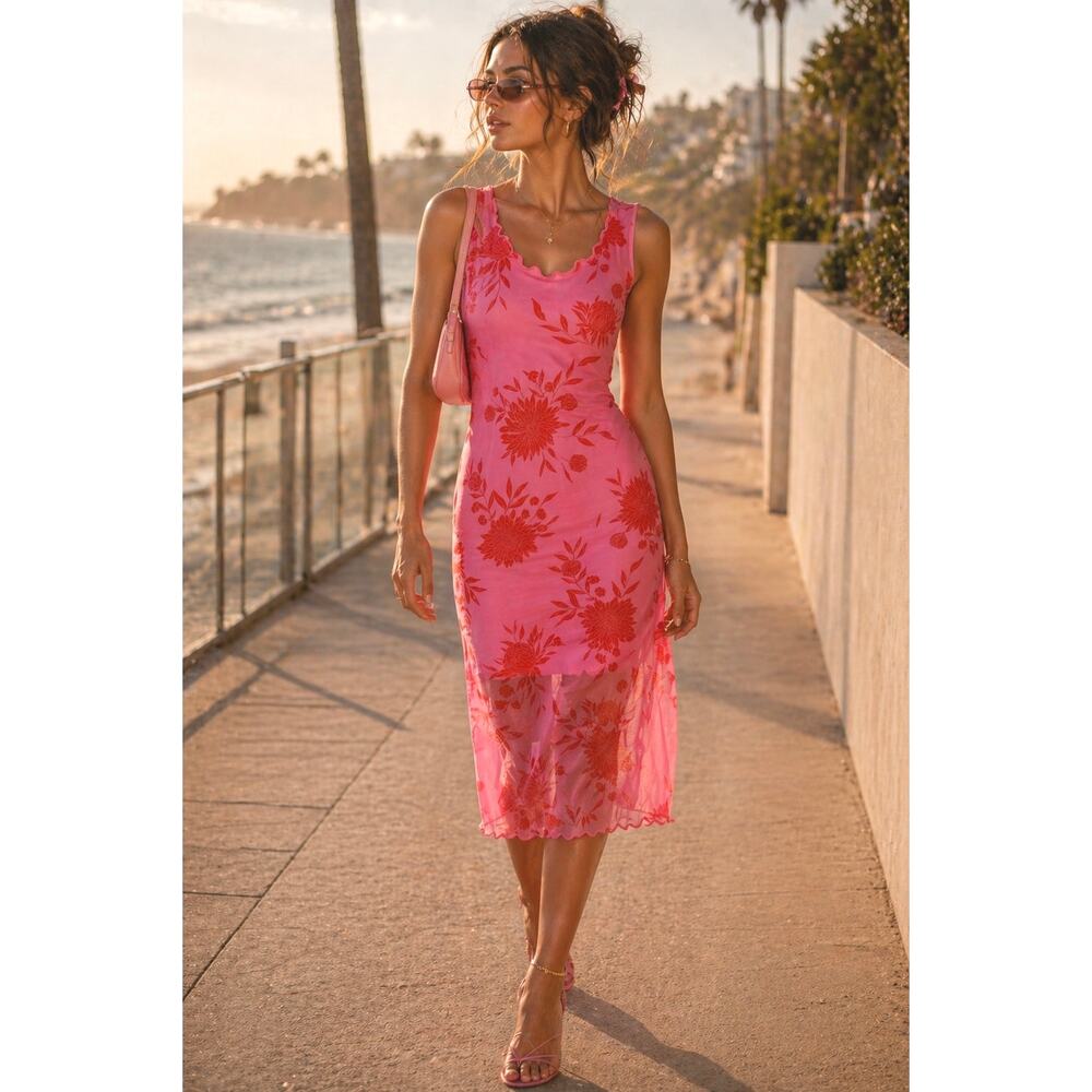 Pink Red Floral Sheer Mesh Midi Dress Large Sleeveless Romantic Y2k Fairycore